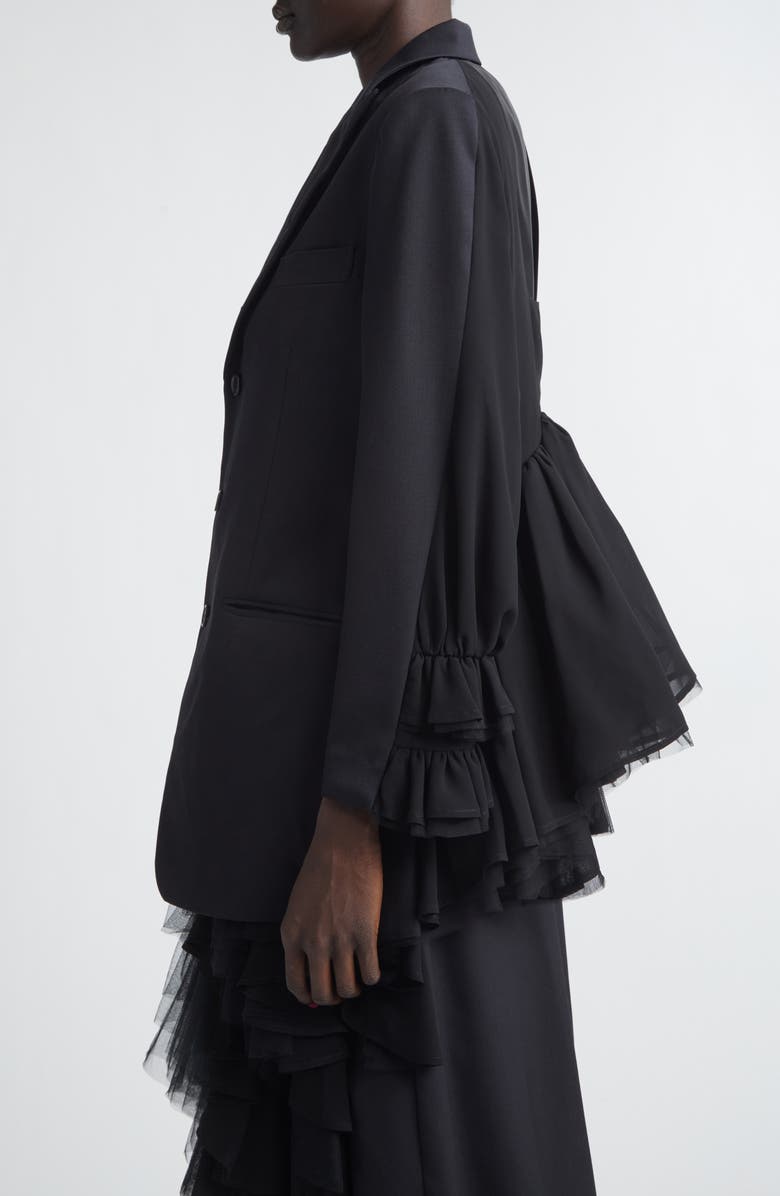 Noir Kei Ninomiya Single Breasted Wool Gabardine Blazer with Tulle Ruffles, Alternate, color, Black X Black