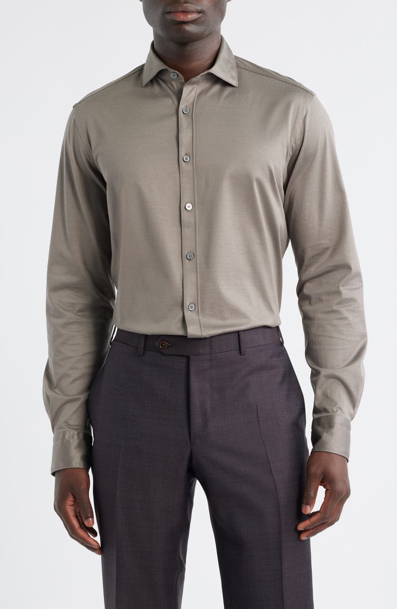 Canali Regular Fit Cotton Jersey Button-Up Shirt, Main, color, Brown