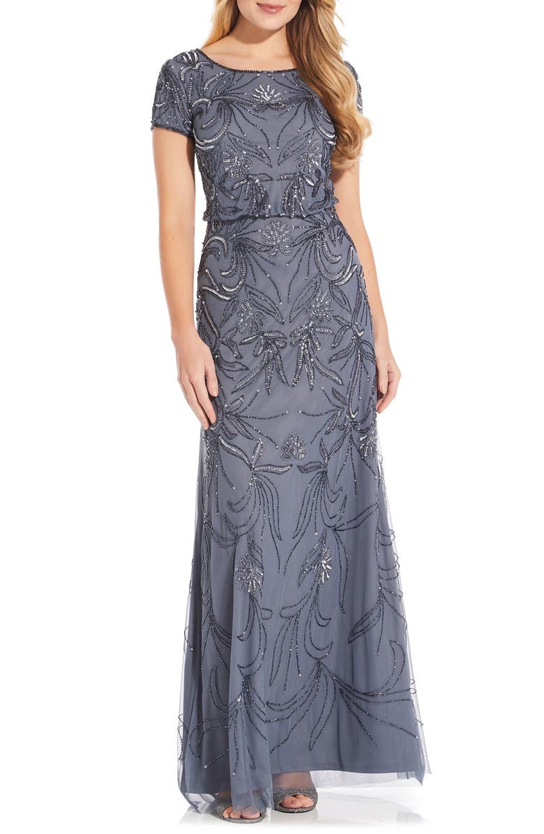 Adrianna Papell Beaded Short Sleeve Blouson Gown, Main, color, 