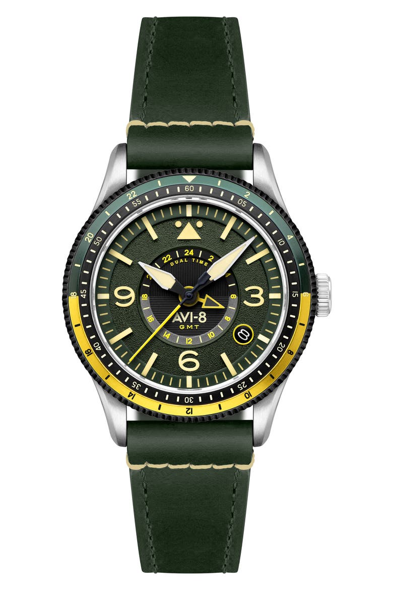 Flyboy Airmaster GMT Leather Strap Watch, 40mm, Main, color, GREEN