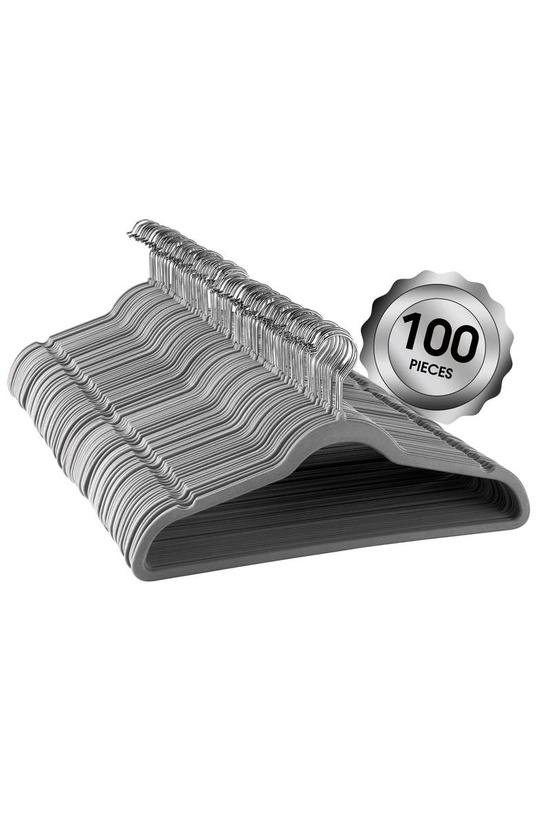 Elama 100 Piece Set of Velvet Slim Profile Heavy Duty Felt Hangers with Stainless Steel Swivel Hooks, Main, color, Grey