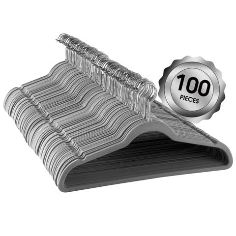 100 Piece Set of Velvet Slim Profile Heavy Duty Felt Hangers with Stainless Steel Swivel Hooks