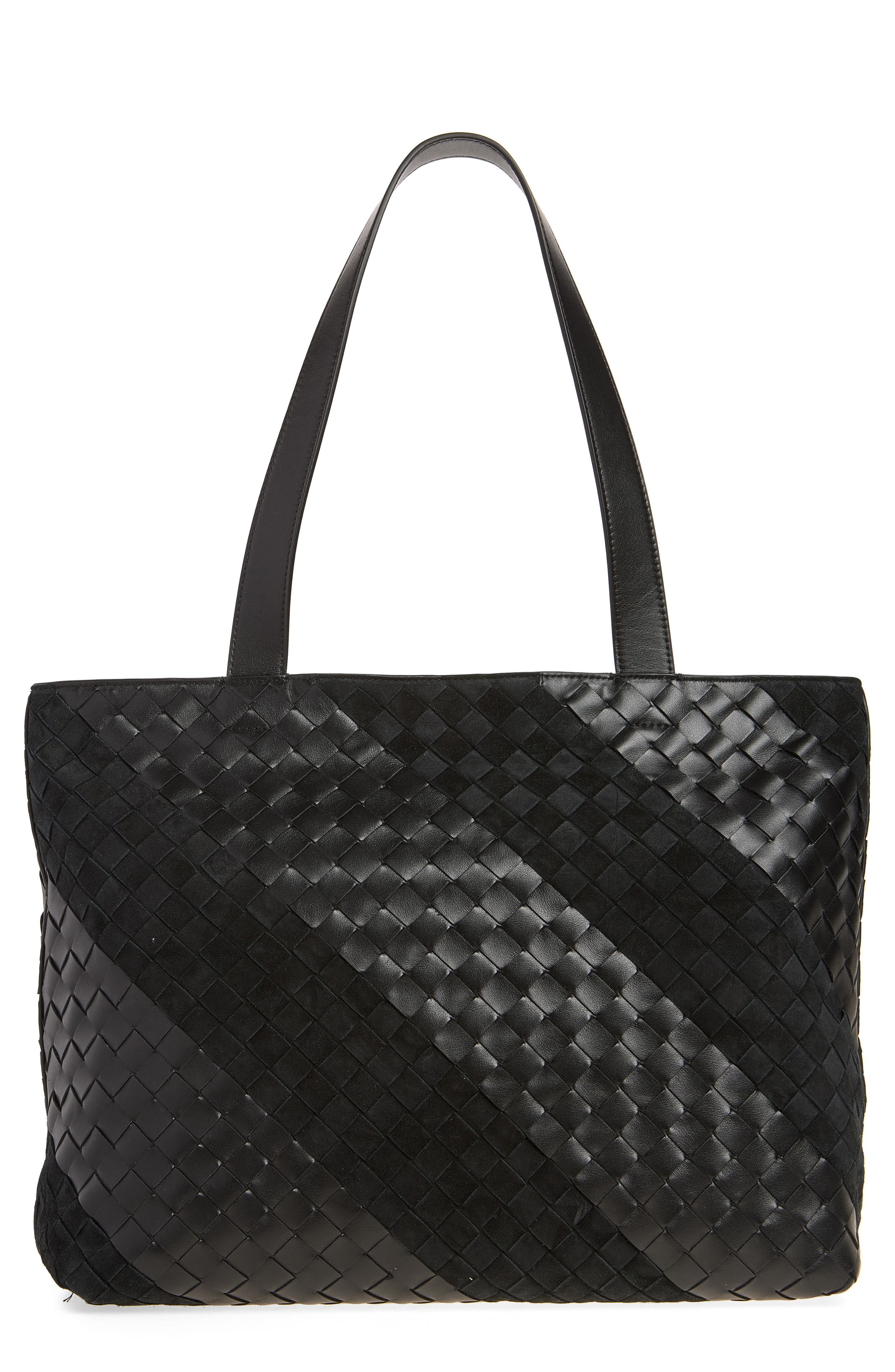 Small Intrecciato Leather Tote, Main, color, 8803 BLACK/ SILVER