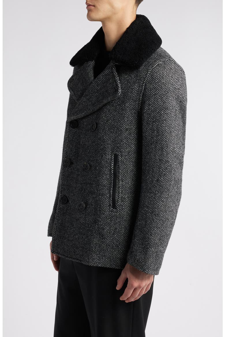 Cole Genuine Shearling Collar Wool Blend Peacoat, Alternate, color, BLACK-WHITE