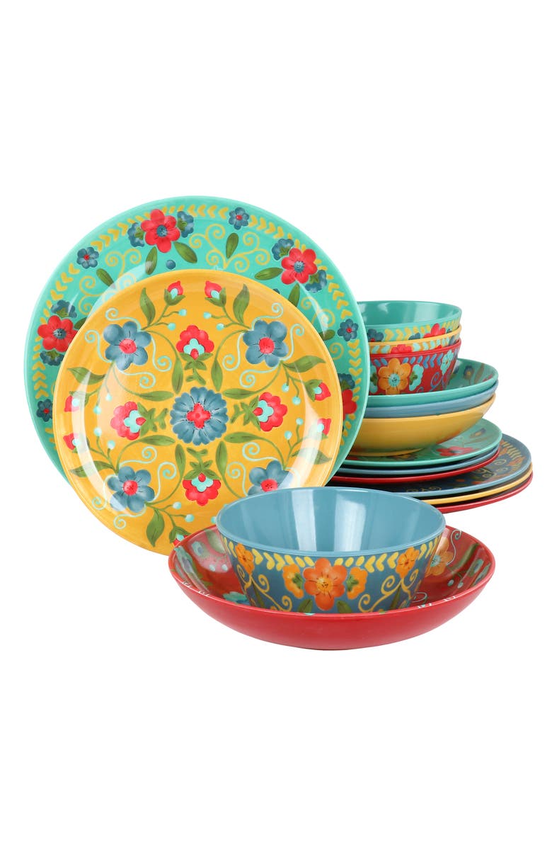 Laurie Gates California Designs Elena Amour 16 Piece Floral Round Melamine Dinnerware Set, Main, color, Multi