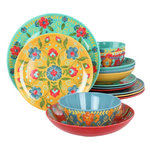 California Designs Elena Amour 16 Piece Floral Round Melamine Dinnerware Set
