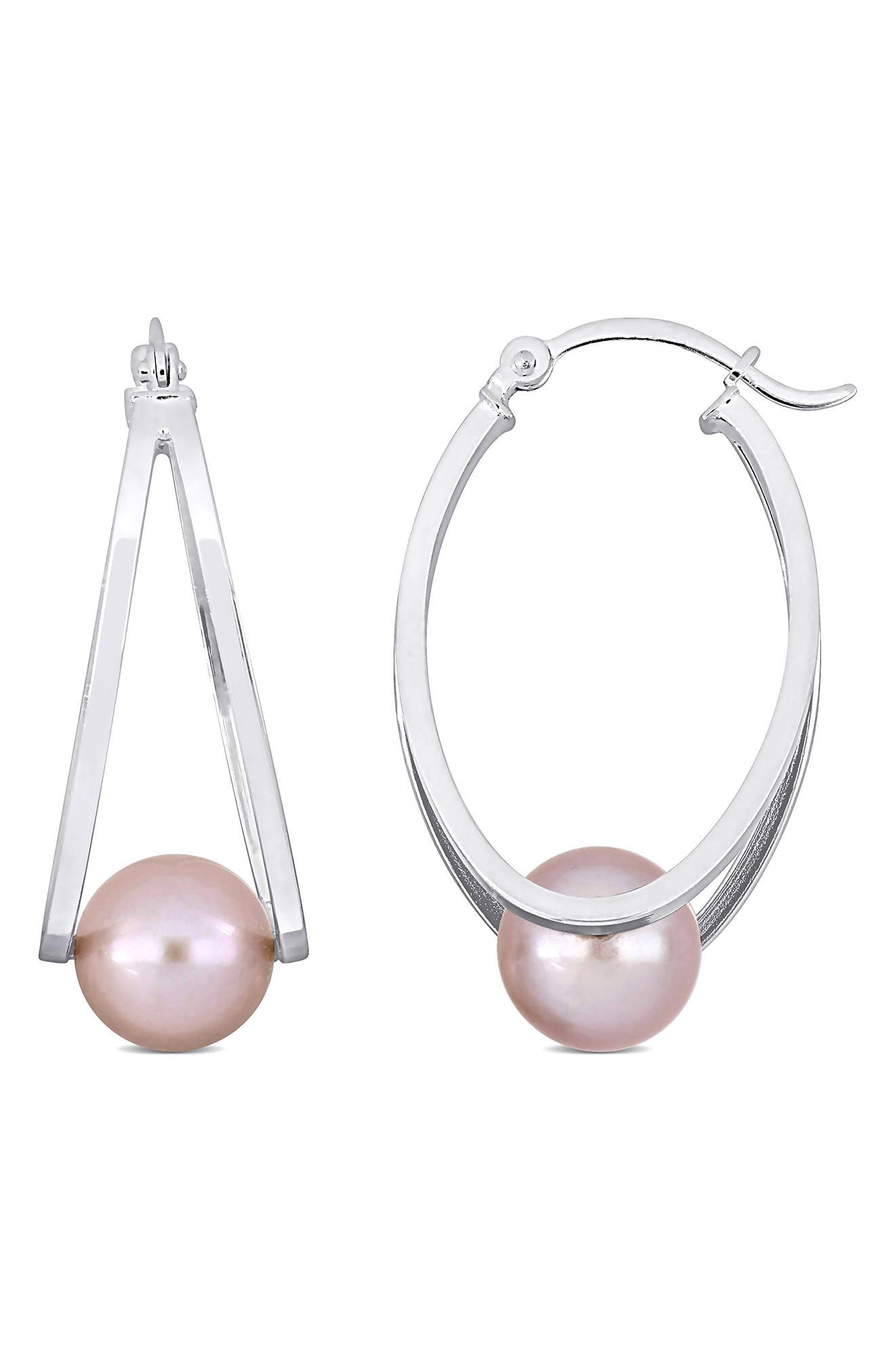 DELMAR Sterling Silver 8-8.5mm Pink Freshwater Cultured Pearl Drop Earrings