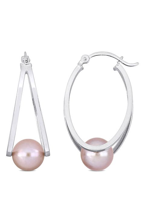 Sterling Silver 8-8.5mm Pink Freshwater Cultured Pearl Drop Earrings