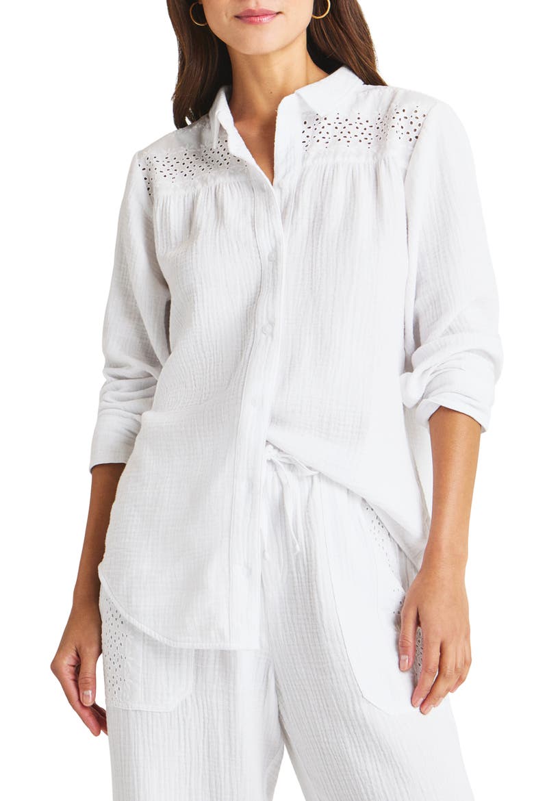 Kit Eyelet & Gauze Button-Up Shirt, Main, color, WHITE