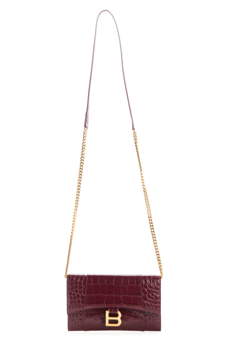 Hourglass Croc Embossed Patent Leather Wallet on a Chain, Main, color, 6036 DARK BURGUNDY