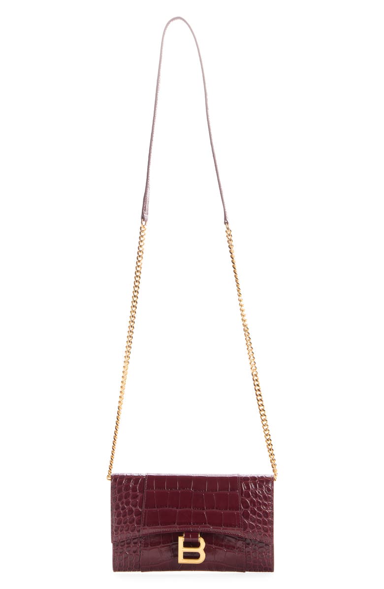 Balenciaga Hourglass Croc Embossed Patent Leather Wallet on a Chain, Main, color, 6036 Dark Burgundy
