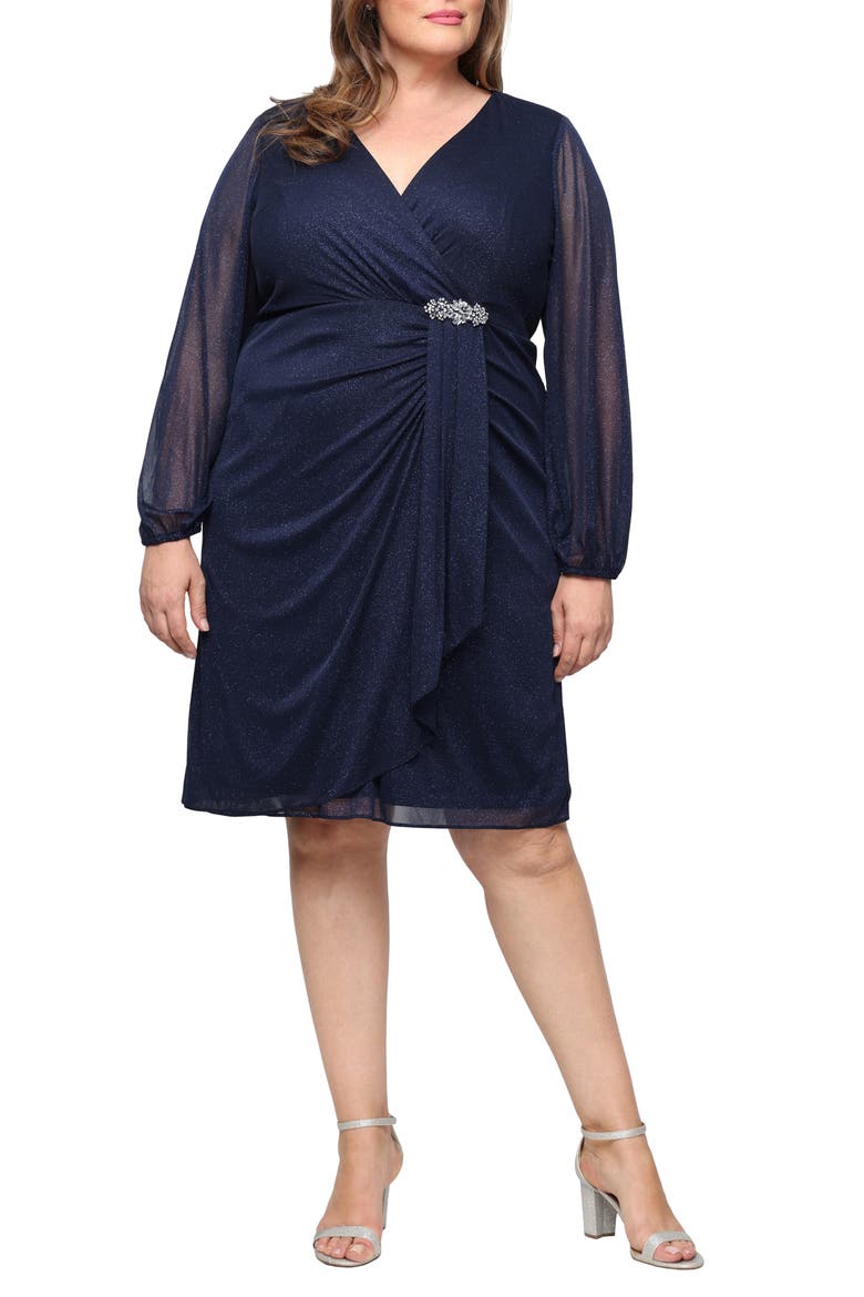 Glitter Mesh Long Sleeve Cocktail Dress, Main, color, NAVY