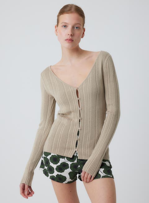 Organic Cotton Metallic Rib Knit  V-Neck Cardigan