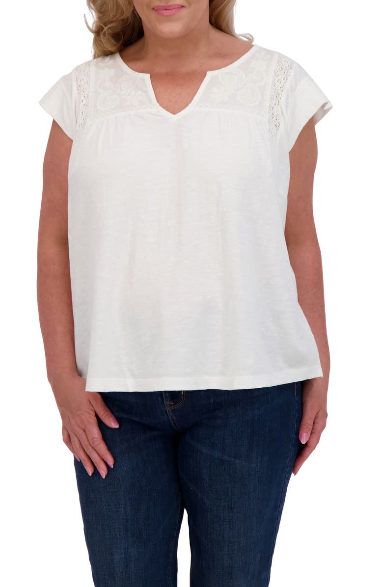 Lucky Brand Floral Embroidered Cap Sleeve T-Shirt, Main, color, Bright White