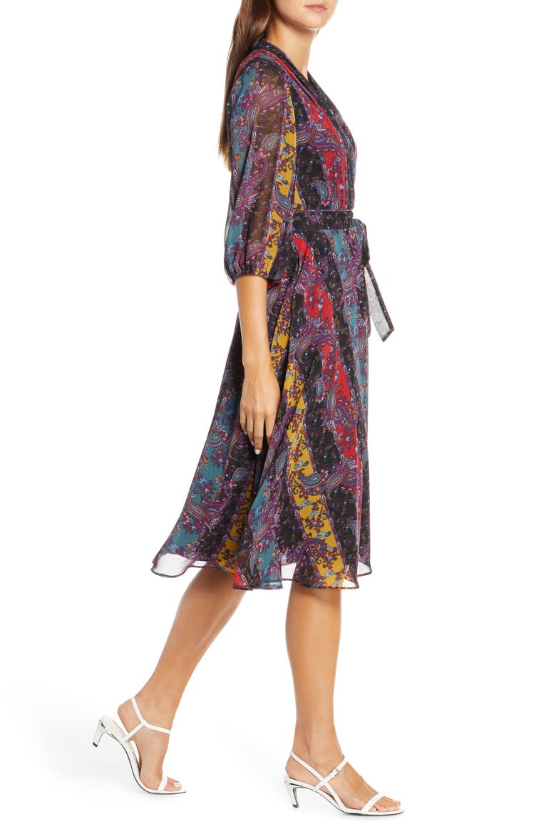 Stripe Paisley Chiffon Faux Wrap Dress, Alternate, color, RED/ BLACK/ TEAL