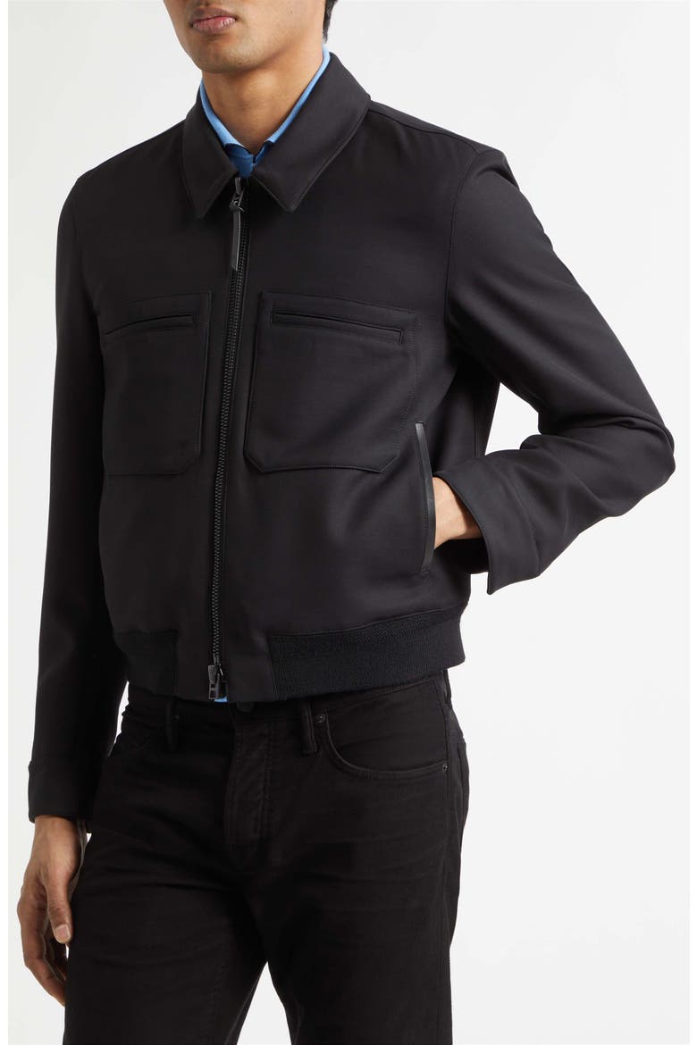Lacquered Wool & Silk Tricotine Battle Jacket, Alternate, color, BLACK
