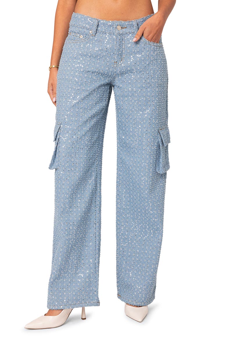 Icing Sequin Low Rise Cargo Jeans, Main, color, LIGHT-BLUE