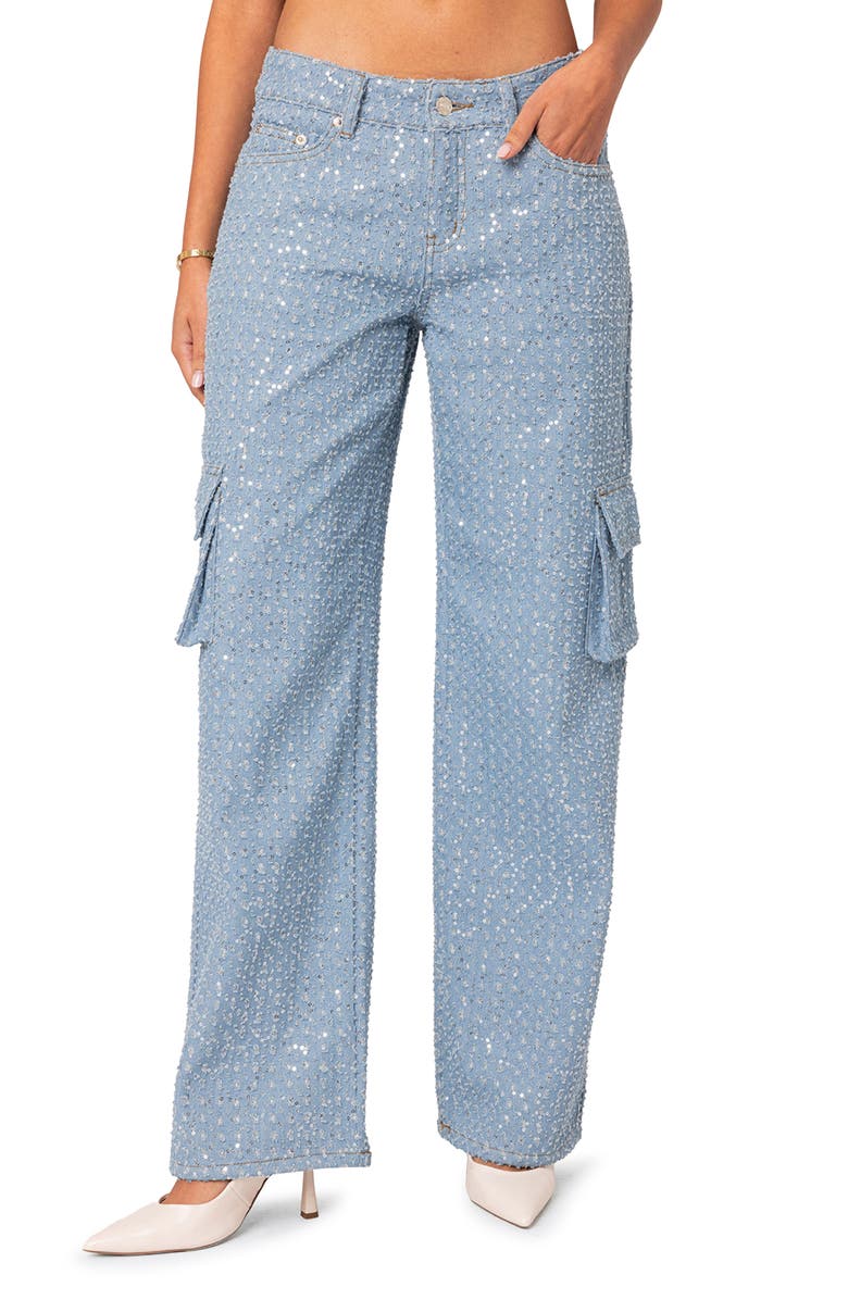 EDIKTED Icing Sequin Low Rise Cargo Jeans, Main, color, Light-Blue