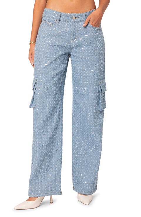 Icing Sequin Low Rise Cargo Jeans (Light Blue)