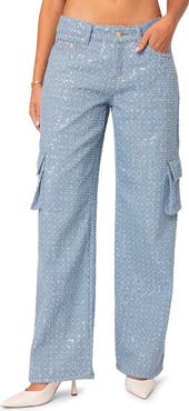 EDIKTED Icing Sequin Low Rise Cargo Jeans