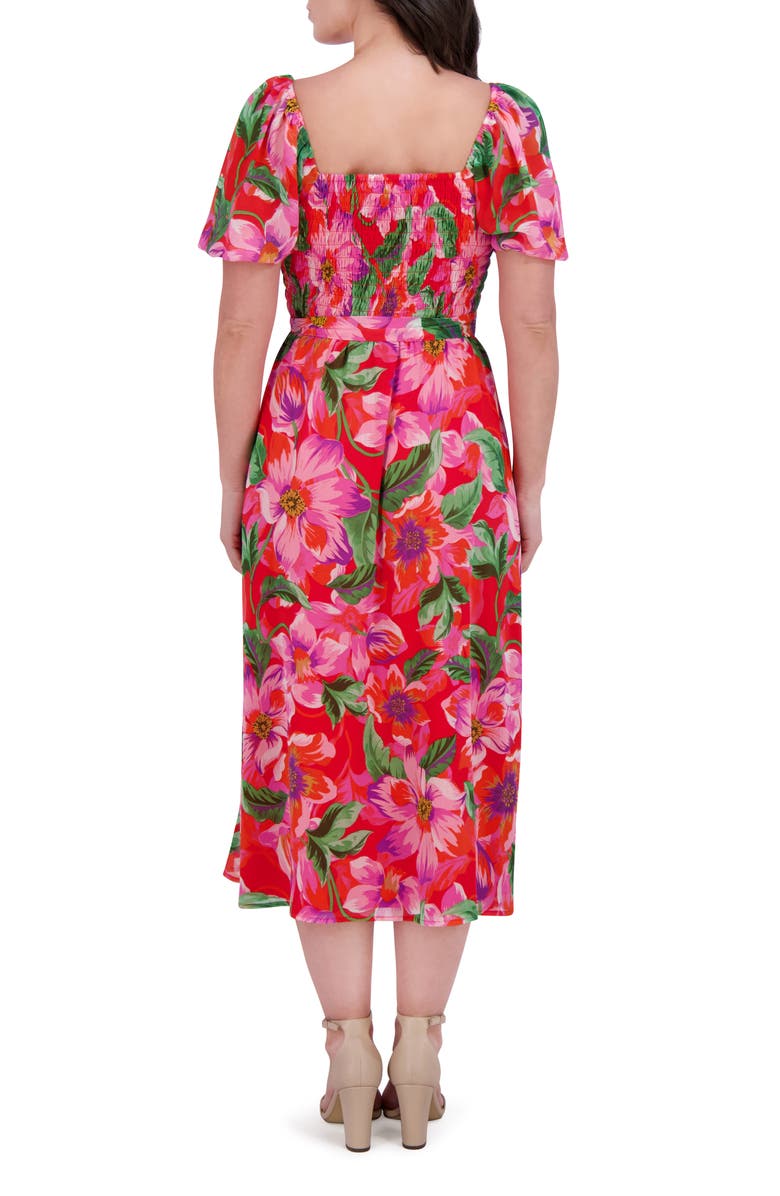 Kensie Smocked Chiffon Midi Dress, Alternate, color, Red Multi