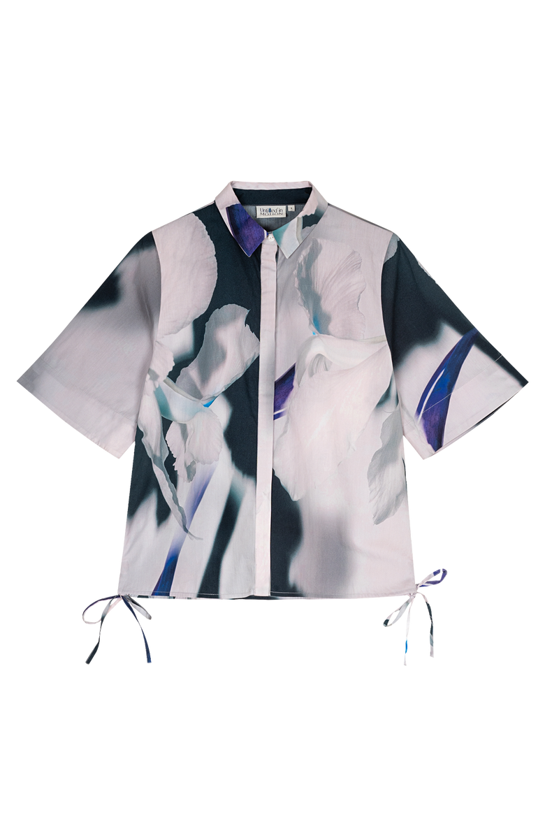 Untitled in Motion Ties Adjustable Short Sleeve Button-Down Top, Main, color, Shadow Iris Ivory