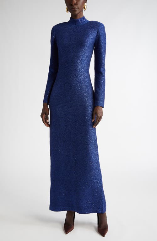 St. John Collection Sequin Long Sleeve Mock Neck Column Gown<br /> in Prussian Blue 