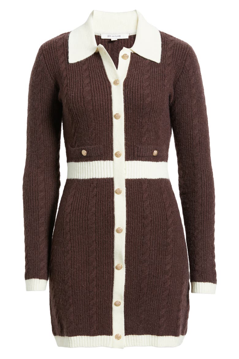 Long Sleeve Cable Stitch Sweater Dress, Alternate, color, BROWN/ IVORY