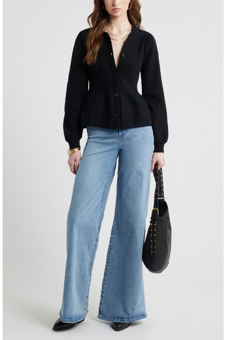 Pointelle Peplum Cardigan, Alternate, color, BLACK