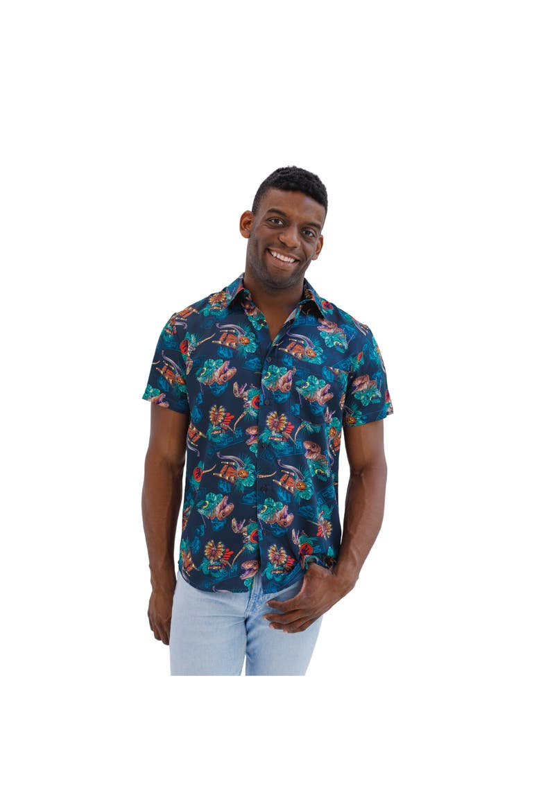 Jurassic Park T-Rex Hawaiian Short Sleeve Button Down Shirt, Main, color, Navy Dino Tropical