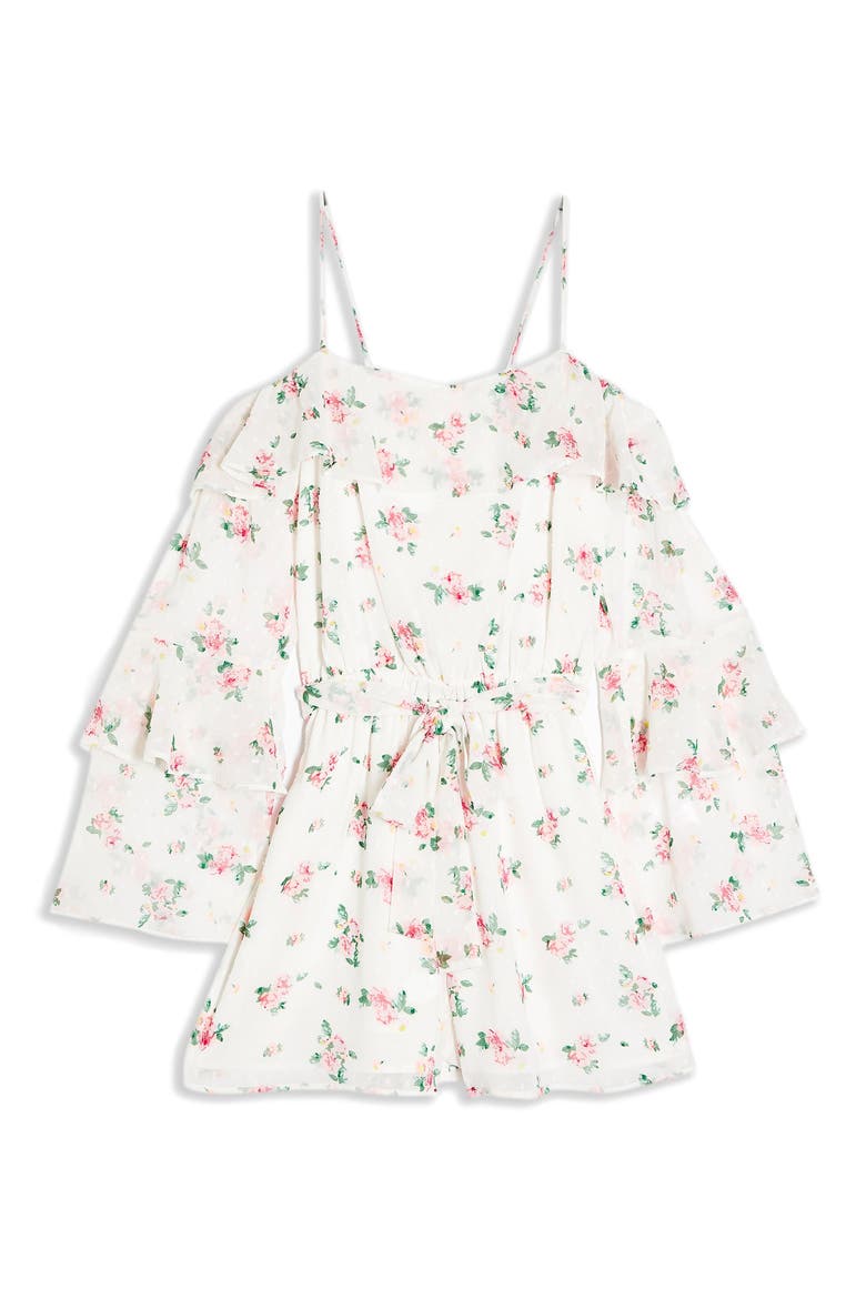 Floral Cold Shoulder Long Sleeve Romper, Alternate, color, WHITE