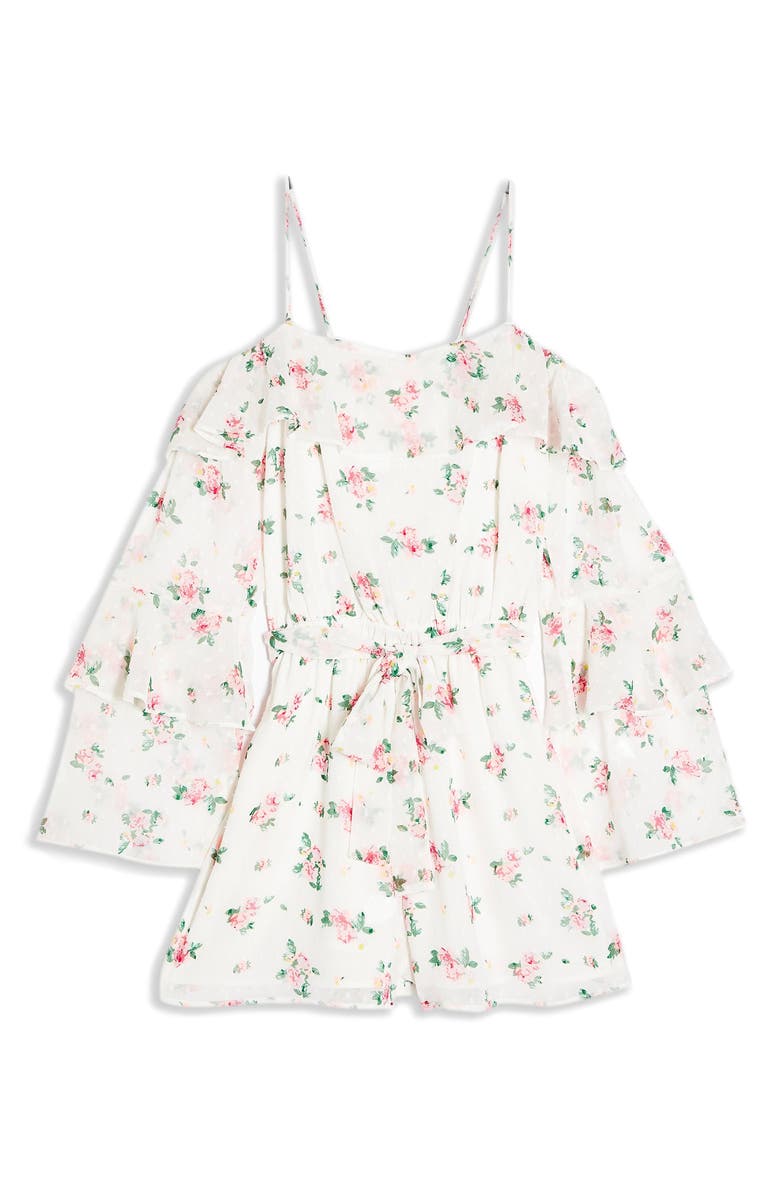 Topshop Floral Cold Shoulder Long Sleeve Romper, Alternate, color, 