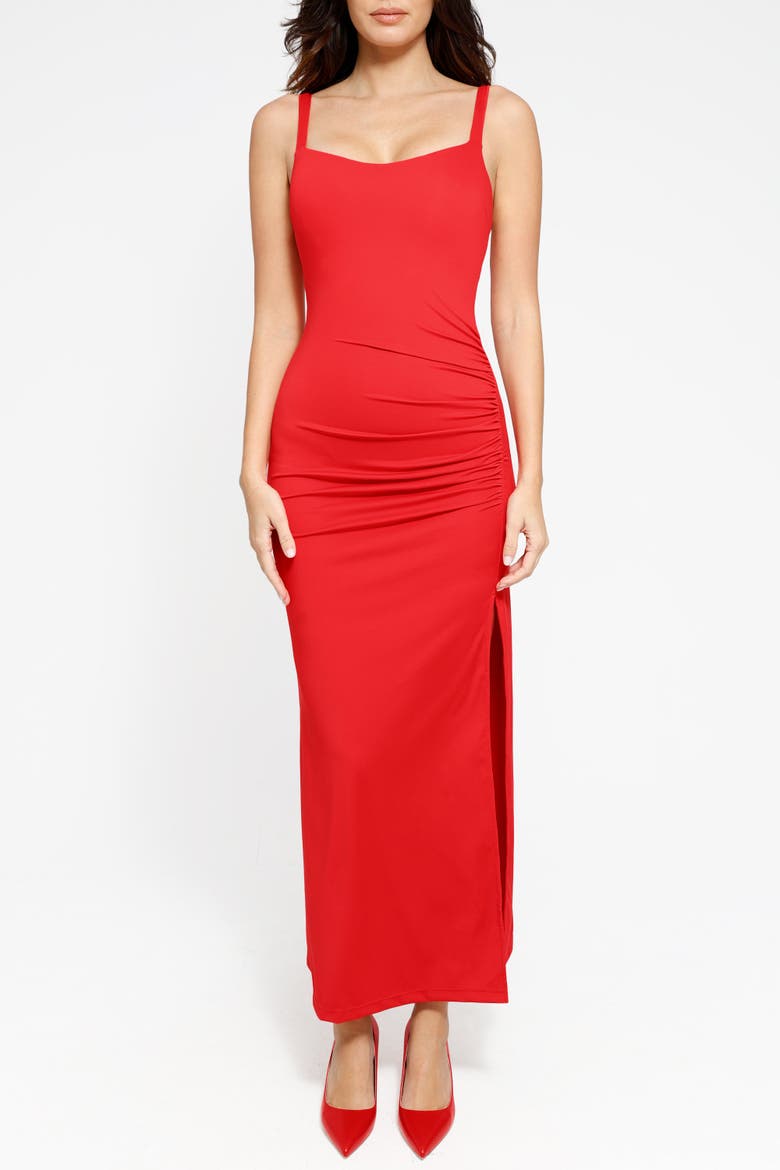 Snatched Ruched Side Slit Midi Shapewear Party Dress, Alternate, color, Classic Red
