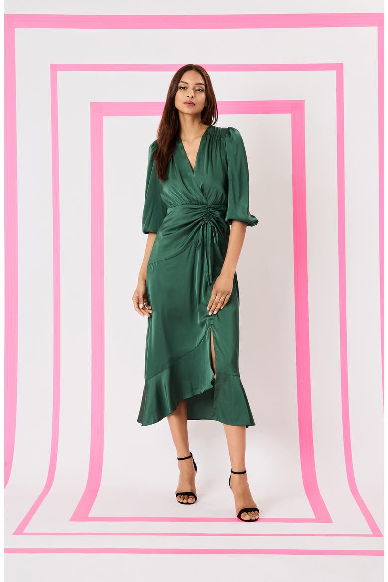 Three-Quarter Sleeve Faux Wrap Midi Dress, Alternate, color, DARK GREEN