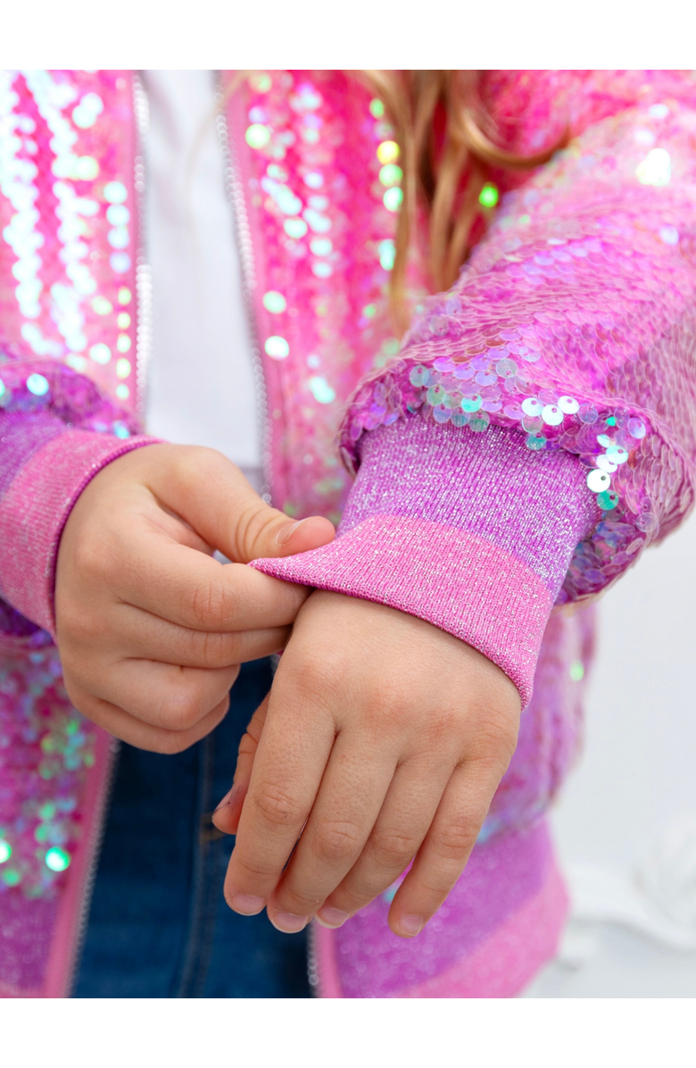 Mia Belle Girls Starlight Sparkle Iridescent Sequin Bomber Jacket, Alternate, color, Pink