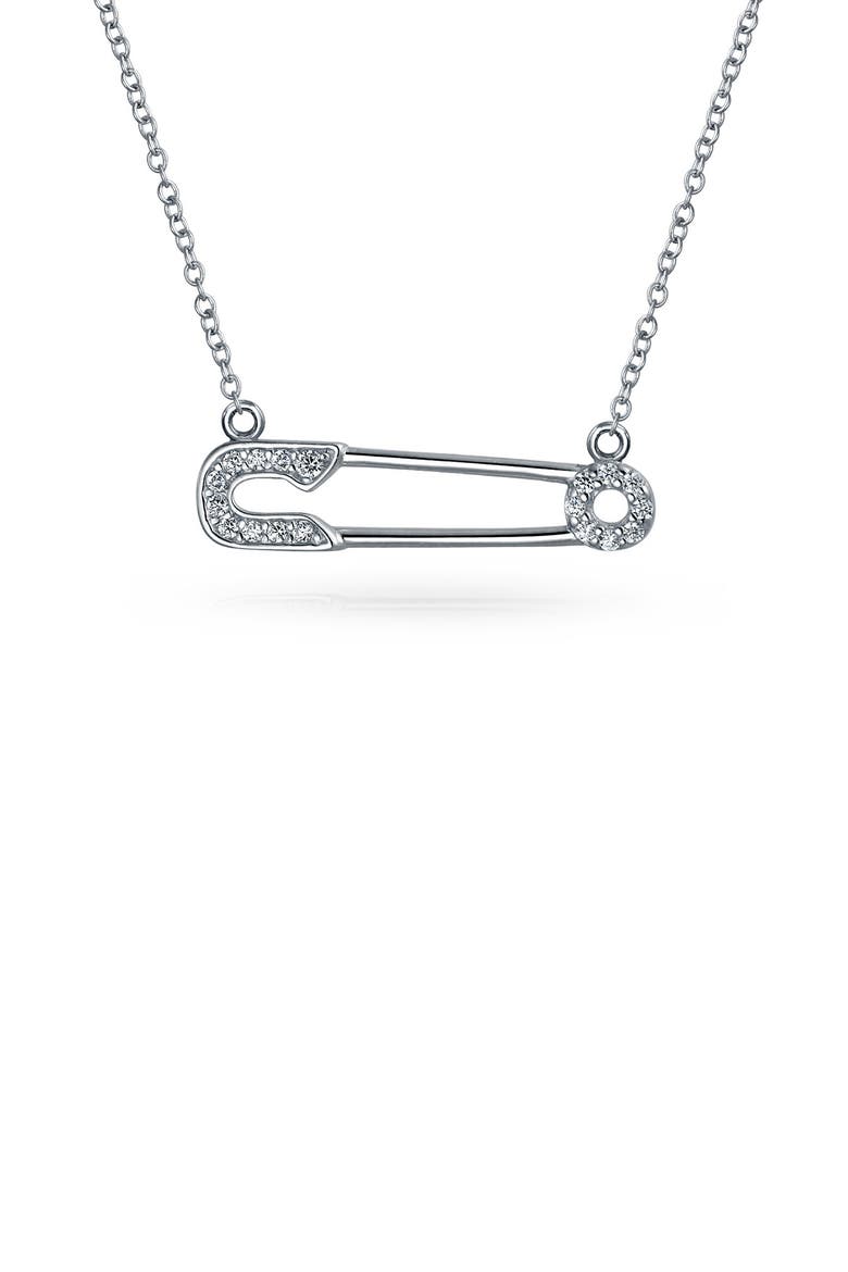 Support Refugees Safety Pin CZ Pendant Necklace, Main, color, SILVER