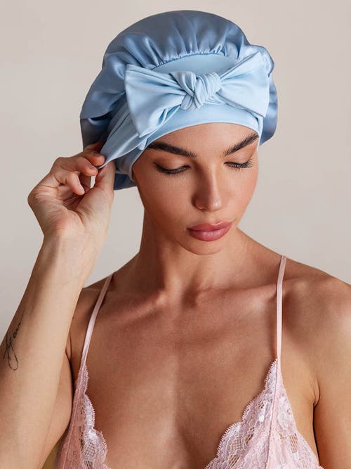 Silksilky Pure Silk Bowknot Tie Bonnet In Blue