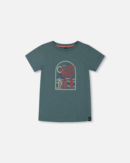 Deux Par Deux Little Boy's Short Sleeve Organic Cotton Graphic Tee Teal And Dark Old Rose In Teal And Dark Old Rose