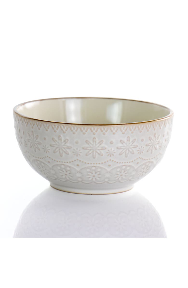 Elama Contessa 16 Piece Embossed Scalloped Stoneware Dinnerware Set, Alternate, color, White