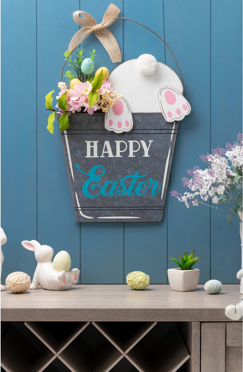 Glitzhome 18"H Easter Wooden Bunny Eggs Door Hanger, Alternate, color, Blue