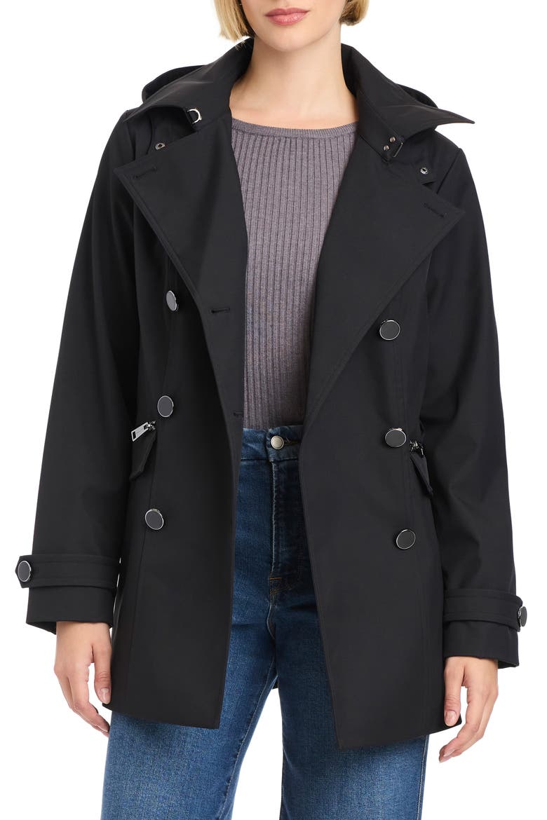 Double Breasted Hooded Trench Coat, Alternate, color, BLACK