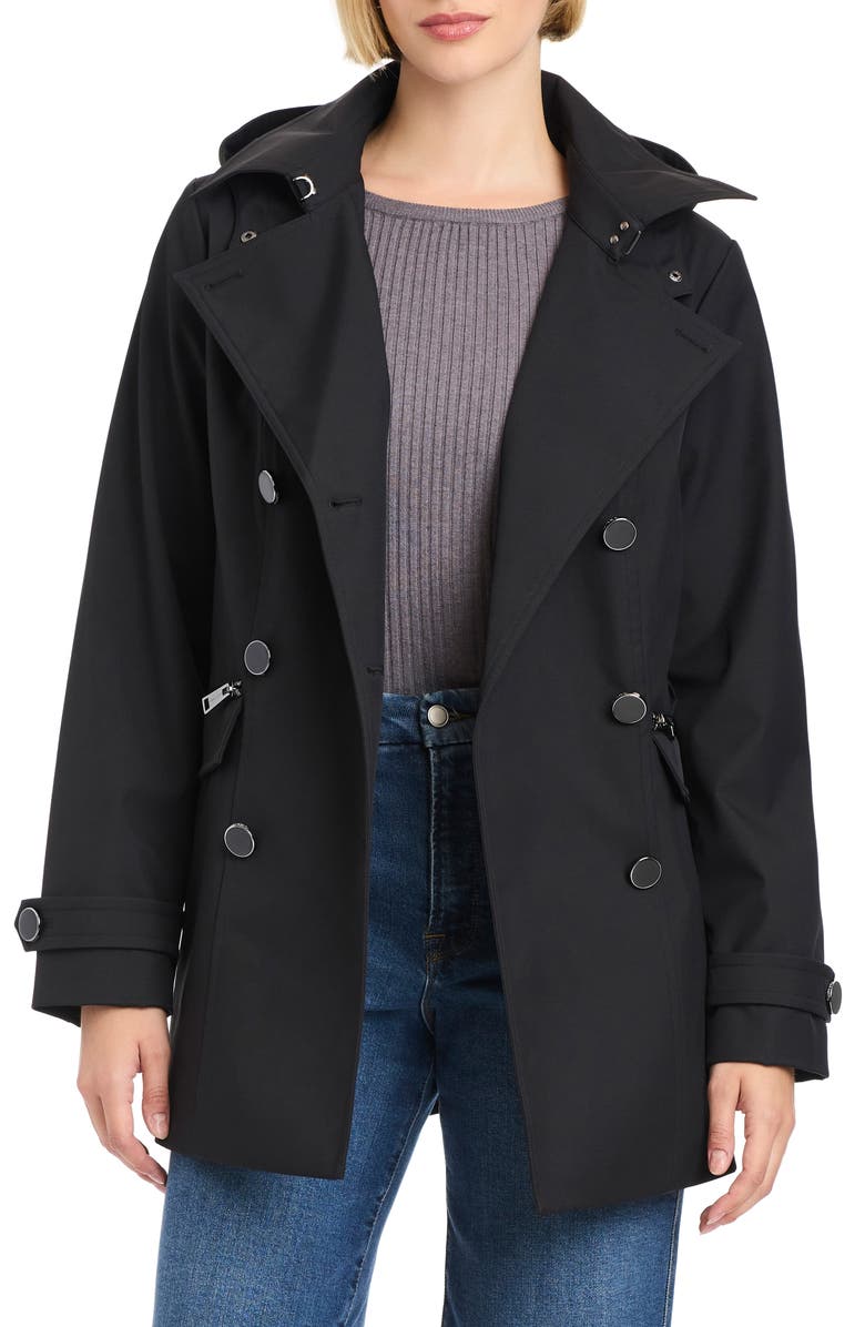Vince Camuto Double Breasted Hooded Trench Coat, Alternate, color, Black