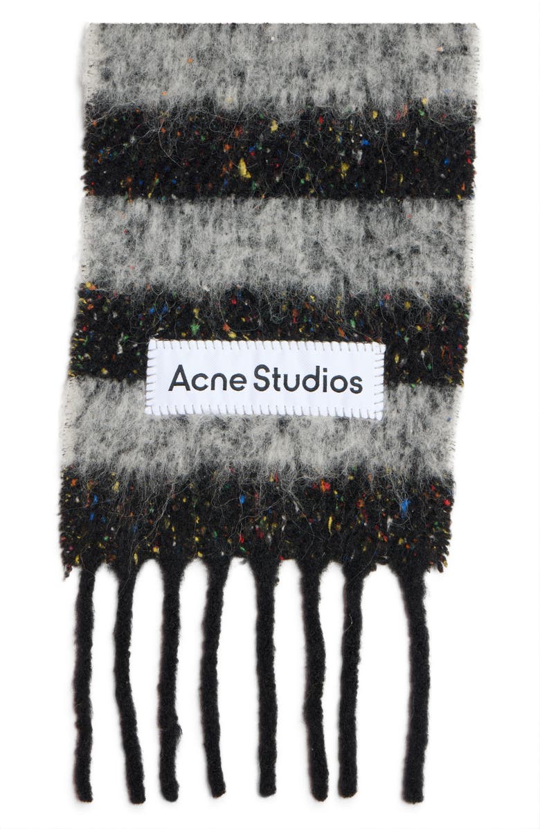Acne Studios Vonkey Stripe Alpaca, Wool & Silk Blend Fringe Scarf, Alternate, color, Black/Grey