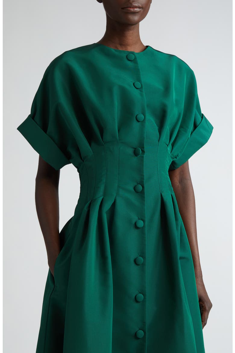 Cuffed Short Sleeve Button Front Silk Faille Gown, Alternate, color, SPRUCE GREEN