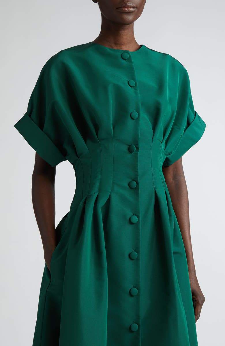 Cuffed Short Sleeve Button-up Silk Faille Gown in Spruce Green Cuffed Short Sleeve Button-up Silk Faille Gown in Spruce Green