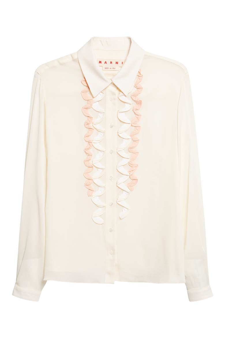 Ruffle Appliqué Silk Crêpe de Chine Button-Up Shirt, Alternate, color, BROWN/ ANTIQUE WHITE