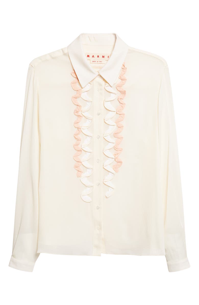 Marni Ruffle Appliqué Silk Crêpe de Chine Button-Up Shirt, Main, color, Brown/ Antique White