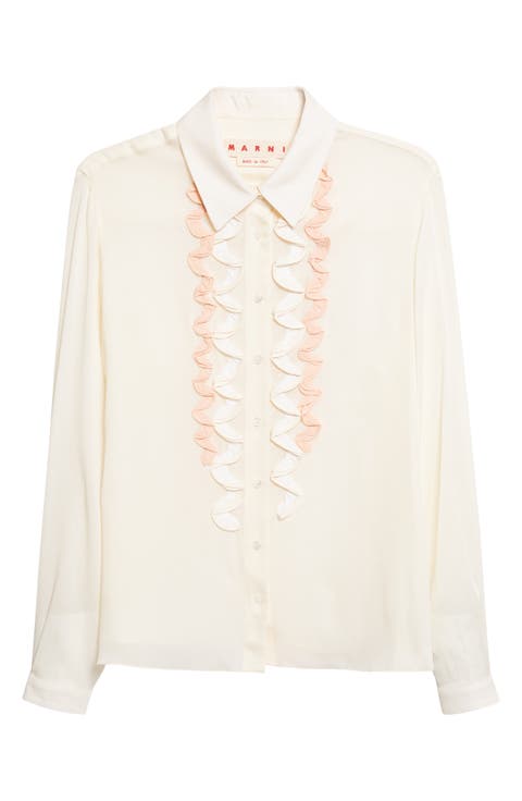 Ruffle Appliqué Silk Crêpe de Chine Button-Up Shirt