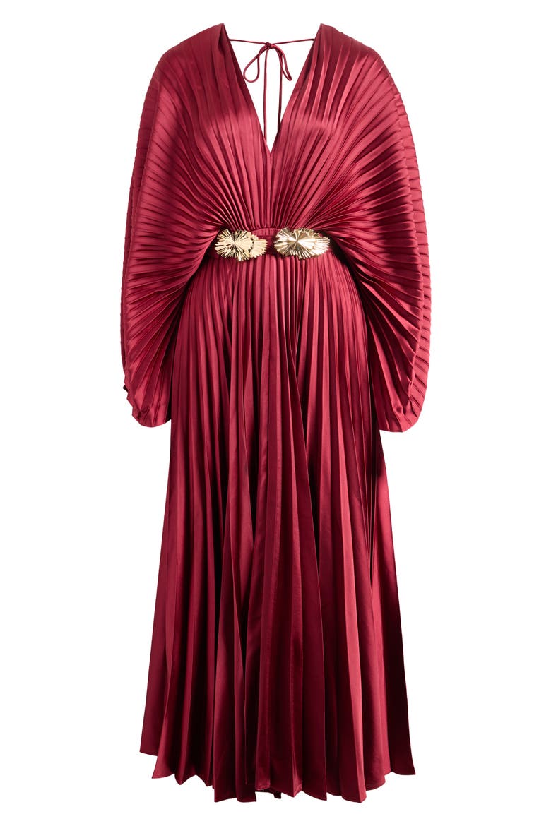 acler westover long-sleeve v-neck belted pleated maxi dress Acler Westover Metallic Pleated Maxi Dress