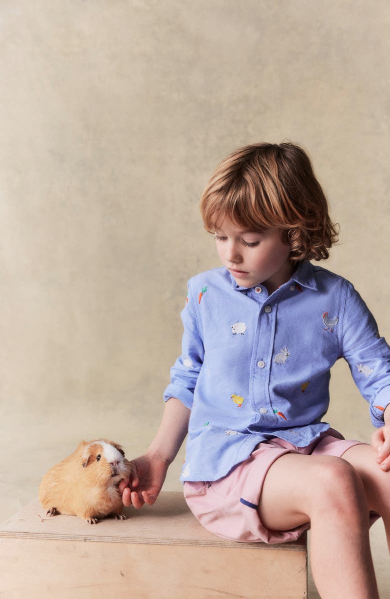 Mini Boden Kids' Animal Embroidered Cotton Button-Down Shirt, Alternate, color,